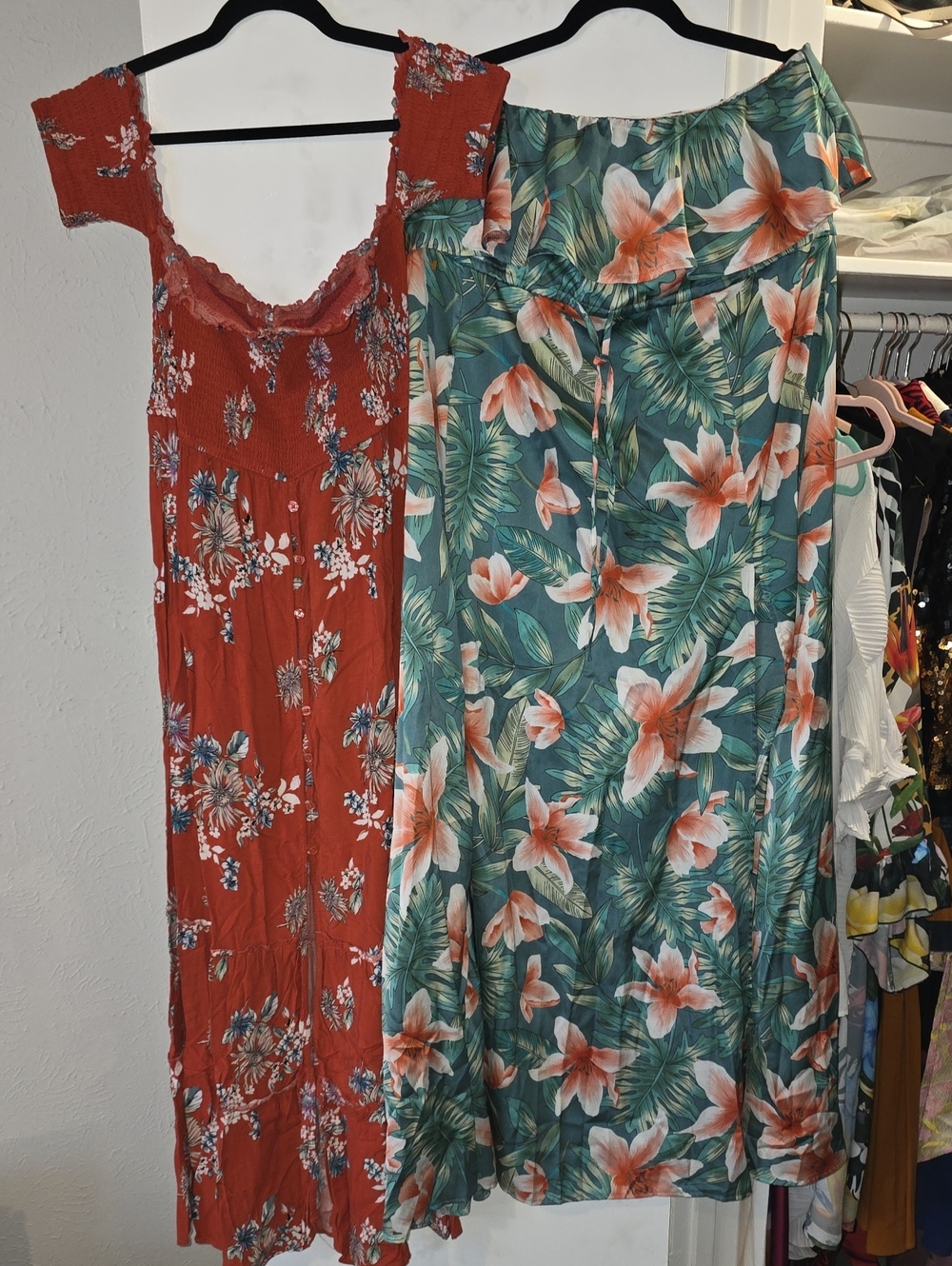 Tropical Green Floral Off-Shoulder Maxi Dress And Floral Off-Shoulder Red Dress